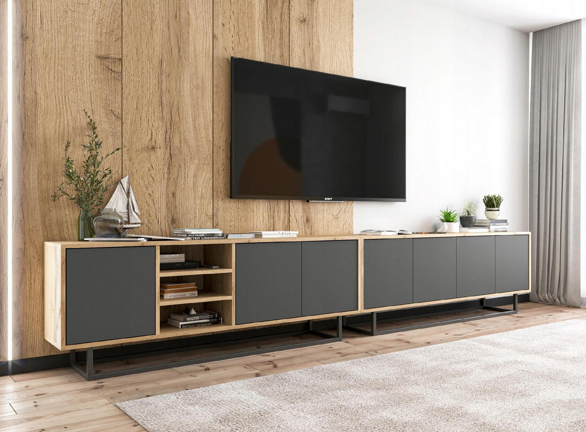 TV-SCHRANK 2-er Set Apollo Eiche wotan Graphit Matt 150 cm - Graphitfarben/Schwarz, Holzwerkstoff/Metall (300/53/35cm) - Meble Lindner