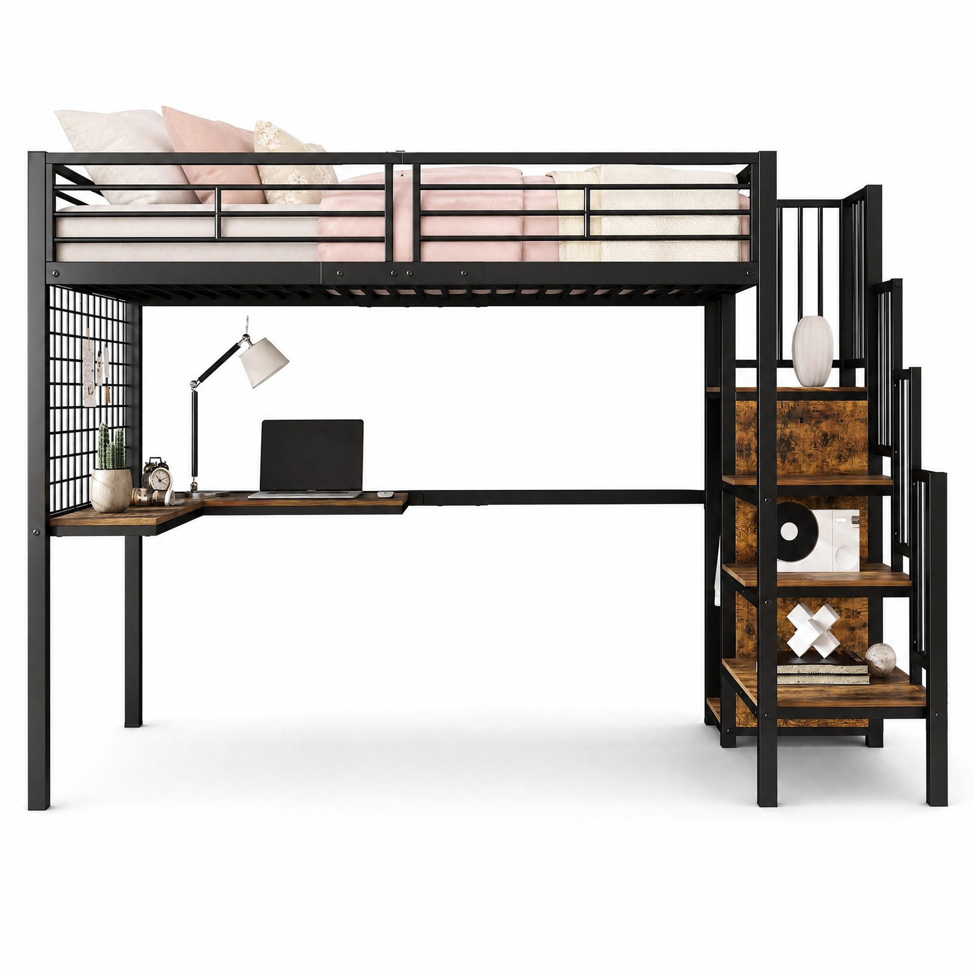 HOCHBETT 90/200 mit Tisch Kleiderschrank und Seitenleiter in Schwarz und dunkler Holzfarbe - Schwarz, Metall (90/200cm) - EVRYAE