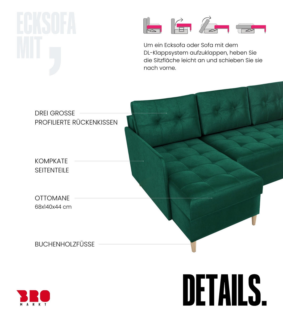 ECKSOFA Fado mit Schlaffunktion Grün Samtstoff - Grün, Textil (210/141cm) - Bromarkt