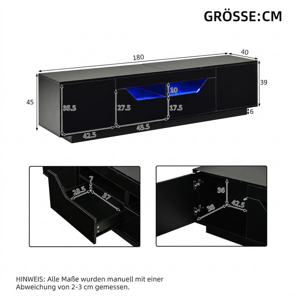 TV-SCHRANK 180/40/45 cm Schwarz mit 2 Schubladen und 2 Türen - Schwarz, Holzwerkstoff (180/45/40cm) - Oxeza
