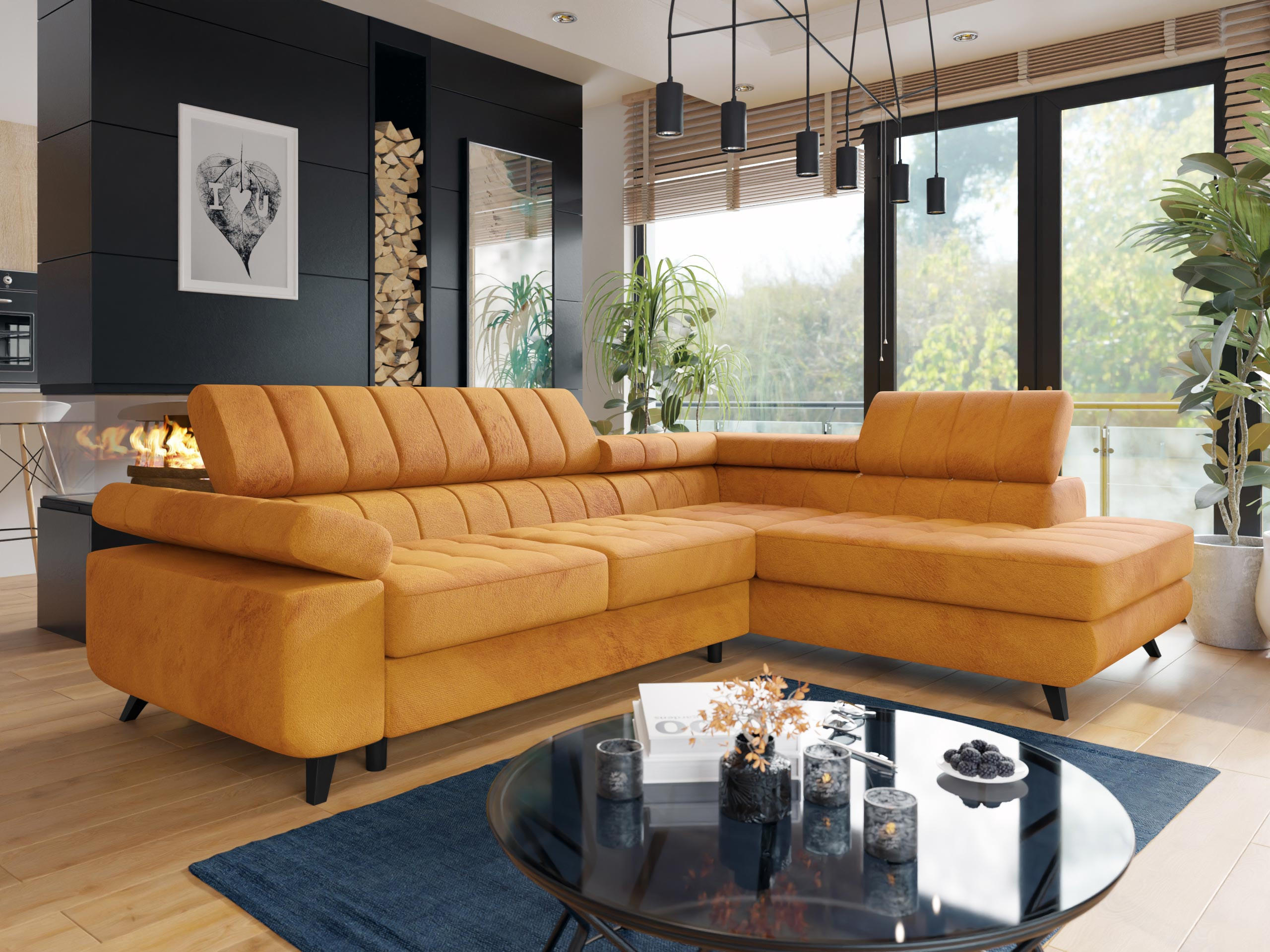 ECKSOFA Nord Premium, Seite: Rechts - Anthrazit/Gelb, Holz/Textil (264/203cm) - MIRJAN24