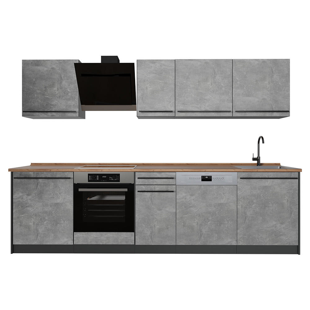 KÜCHENZEILE R-Line, Beton/Anthrazit, 280 cm Arbeitsplatte Goldkraft Eiche - Anthrazit/Grau, Holzwerkstoff (280/206.8/60cm) - Vicco