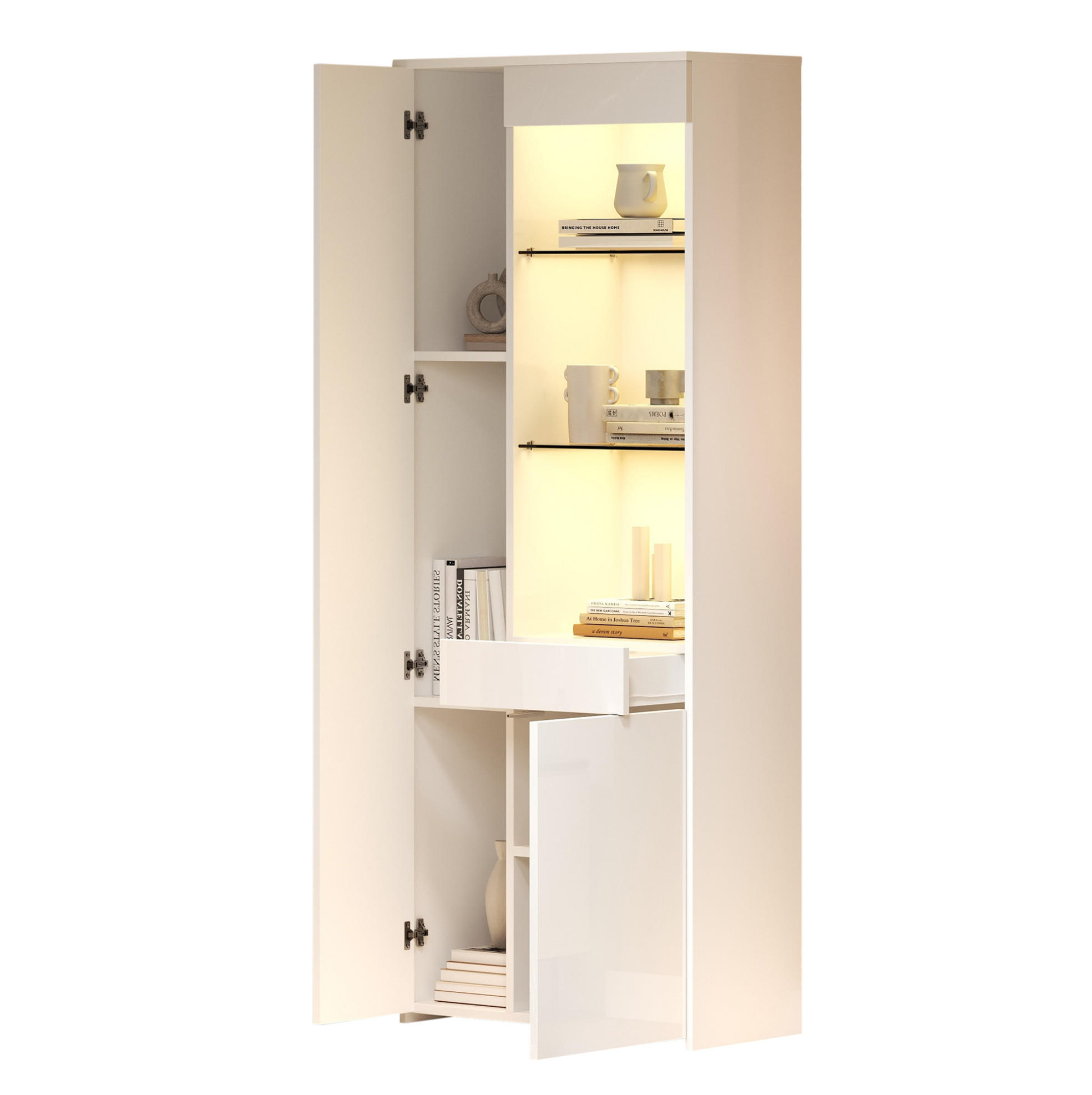 VITRINE 70/35/180 cm in Weiß mit LED-Beleuchtung und Schublade - Weiß, Holzwerkstoff (70/180/35cm) - Flora Grace