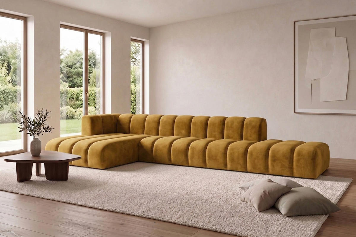ECKSOFA Modulares In L-Form Mit Hocker, Velvet-Stoff Riviera, Senffarbe, Links, GRAND - Gelb, Holz (386/179cm) - Kaiser Möbel