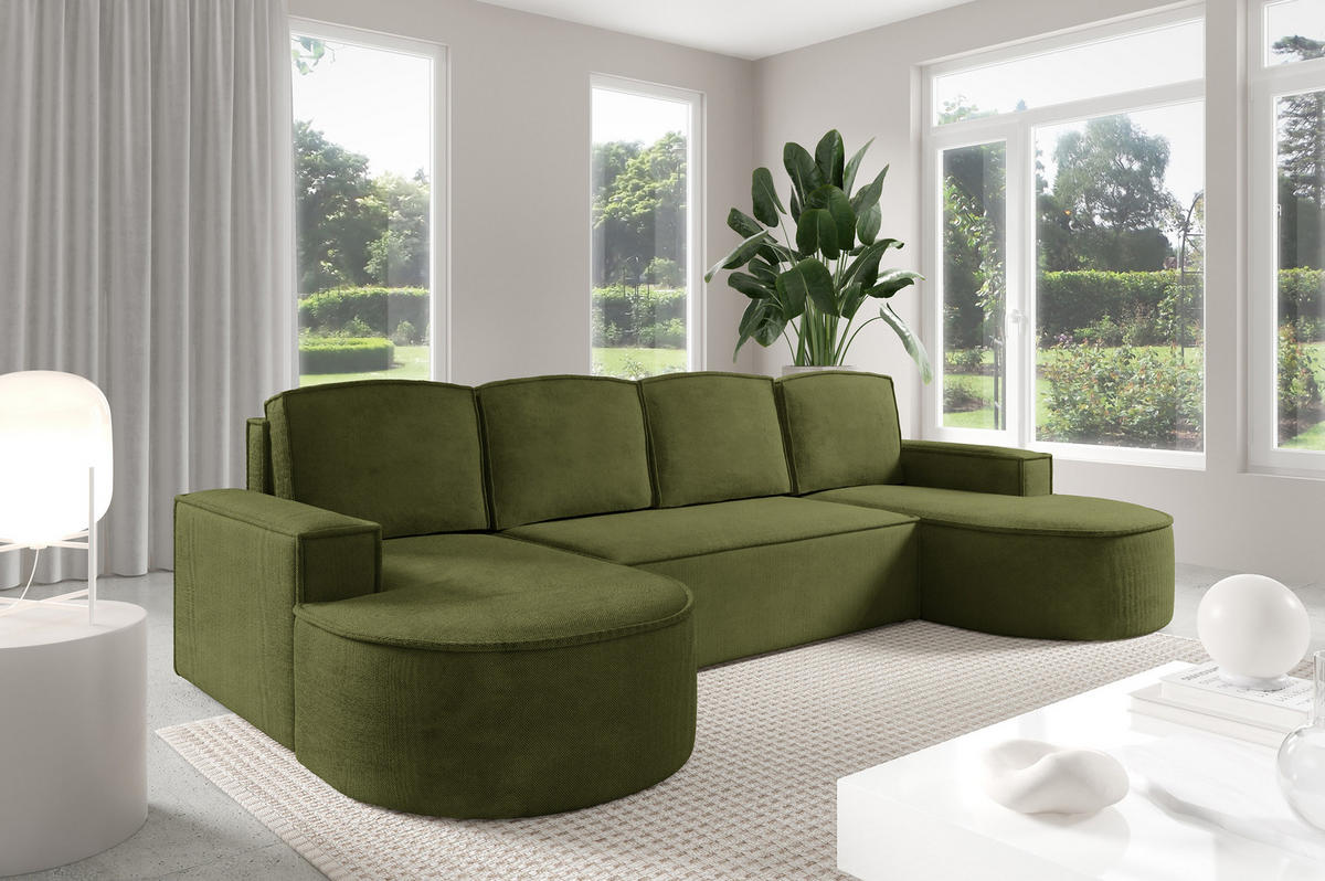 ECKSOFA MOLLY U Freistehendes, mit Schlaffunktion, 140x273cm, Bettkasten und Abnehmbaren Kissen – 316x157x88cm, Curio Stoff, Grün - Waldgrün, Holz/Textil (316/157cm) - DomoHome