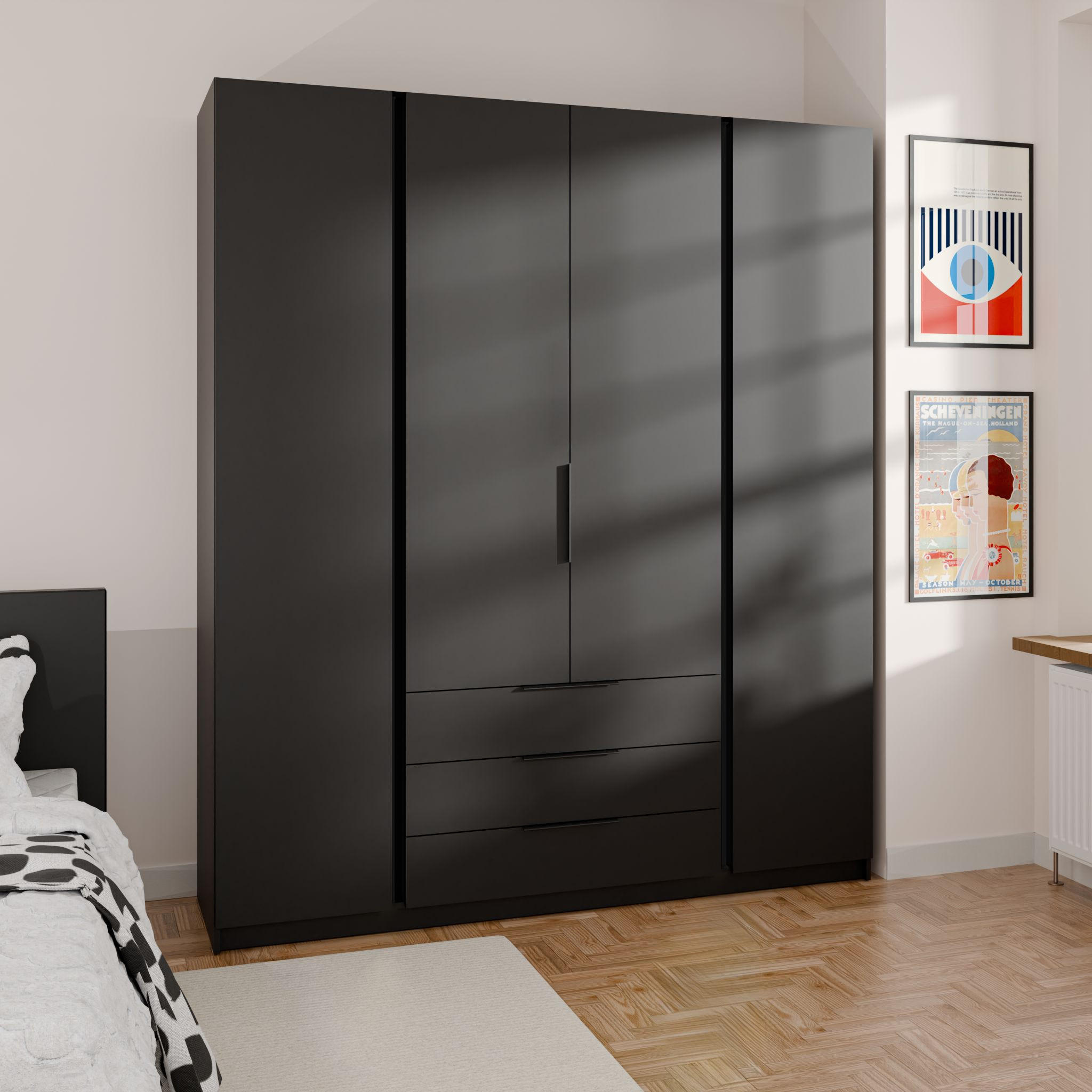 DREHTÜRENSCHRANK CAGLIARI 200/239/61,9cm 4-türig Schwarz - Schwarz, Holzwerkstoff (200/239/61.9cm) - MASSENO