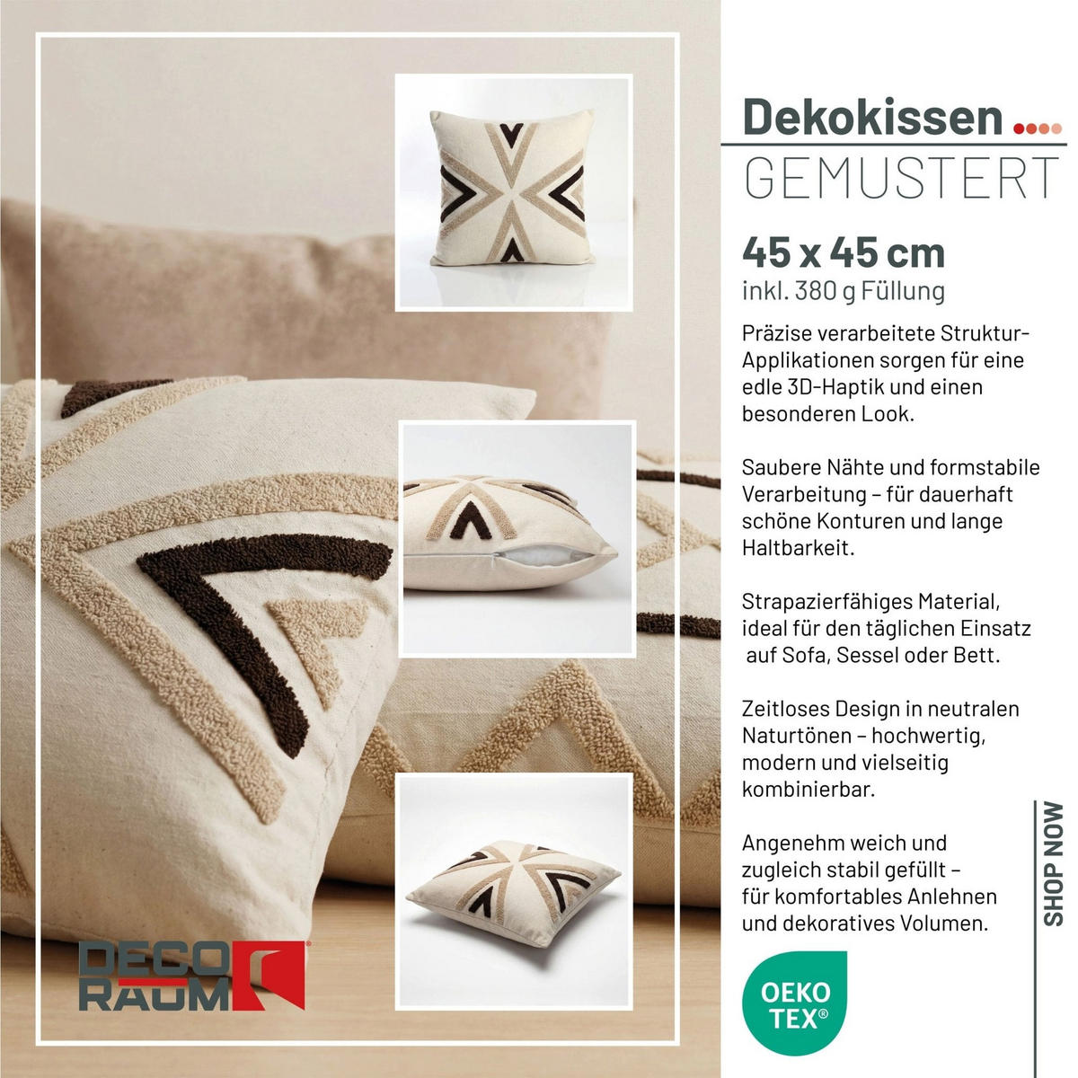 DEKOKISSEN Nordic Arrow Beige 45x45 cm mit Füllung - Beige/Multicolor, Textil (45/45cm) - Deco-Raum