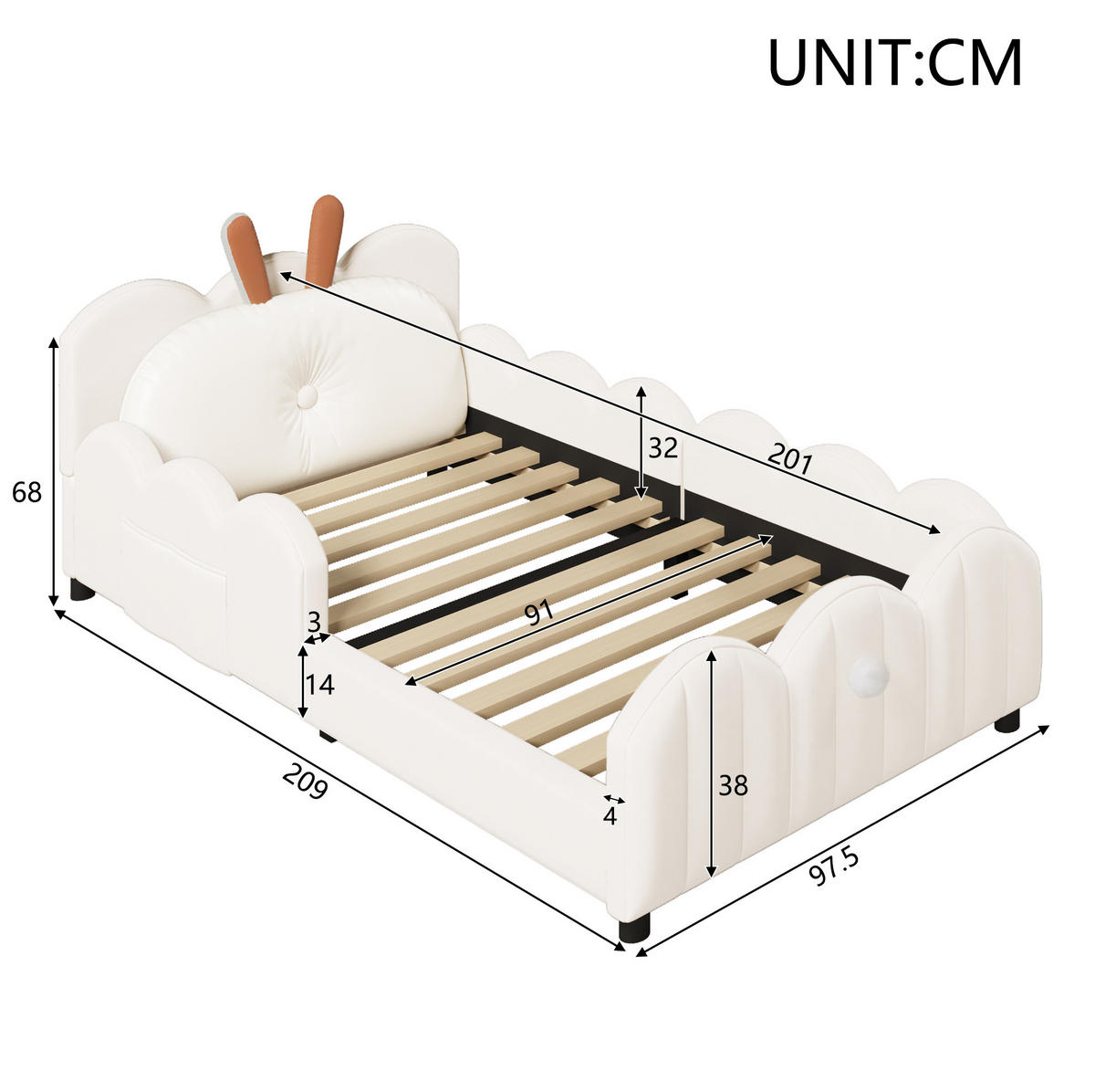 KINDERBETT 90x200 cm in Beige mit Kaninchenohren-Design und Schutzgitter - Beige, Holzwerkstoff (90/200cm) - IVMEU