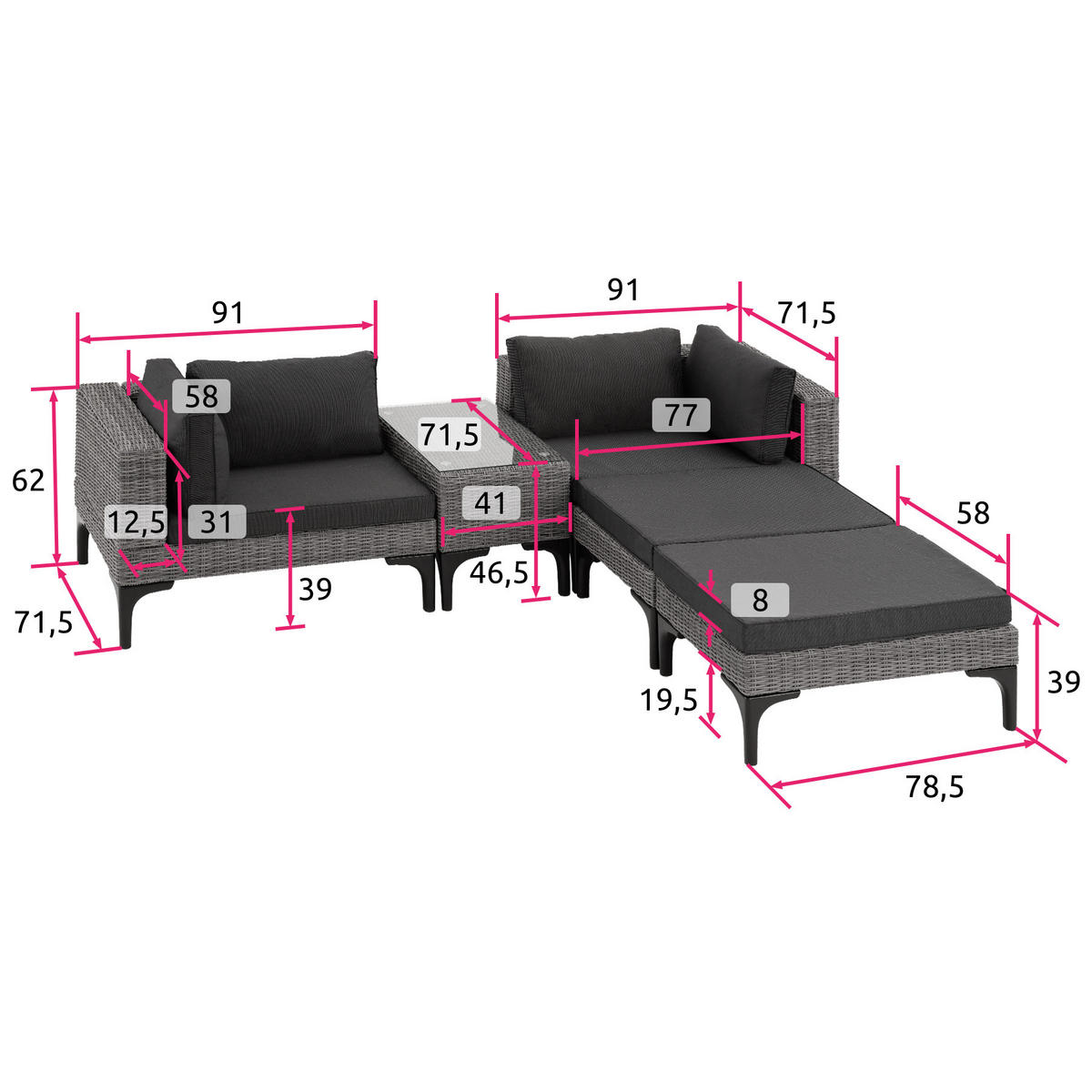 RATTANLOUNGE Bellaria,mit Sicherheitsglasplatte,grau - Grau, Kunststoff/Metall - tectake