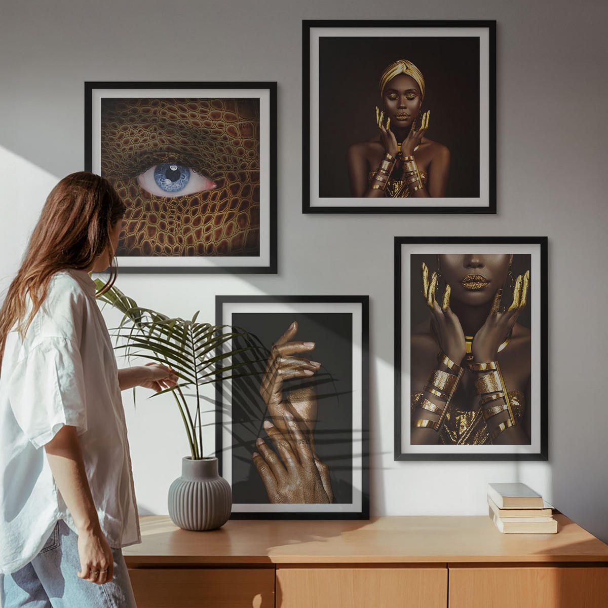 BILDER SET 4er Set - 50x50 cm & 40x60 cm Schwarzer Rahmen - Künstlerische Porträts von Frauen - Schwarz, Kunststoff (50/50cm) - TULUP