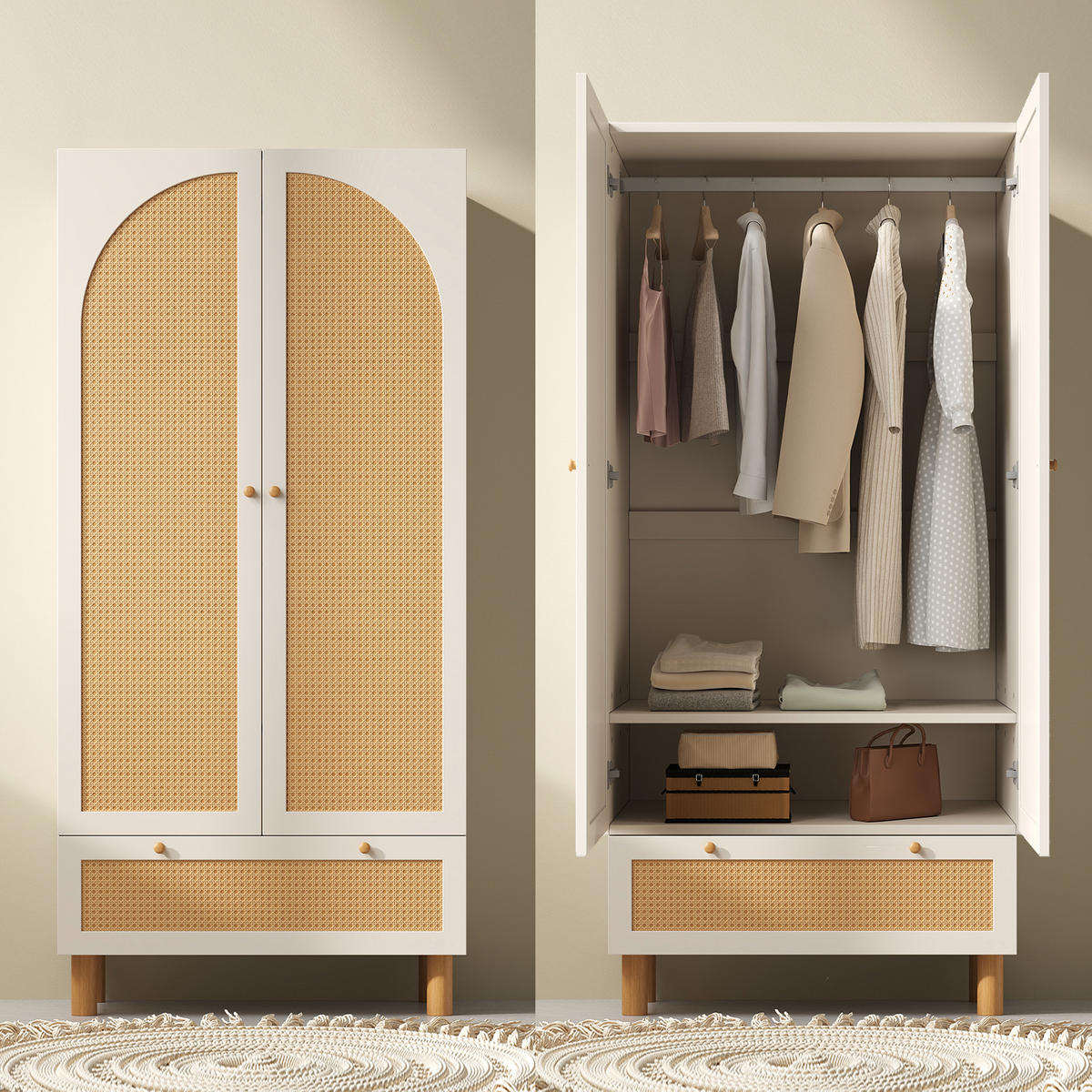 KLEIDERSCHRANK in Weiß mit 2 Türen und Schublade für Schlafzimmer und Flur, B85/T52/H180 cm - Weiß/Naturfarben, Holz/Holzwerkstoff (85.5/180.5/52cm) - STILVORA