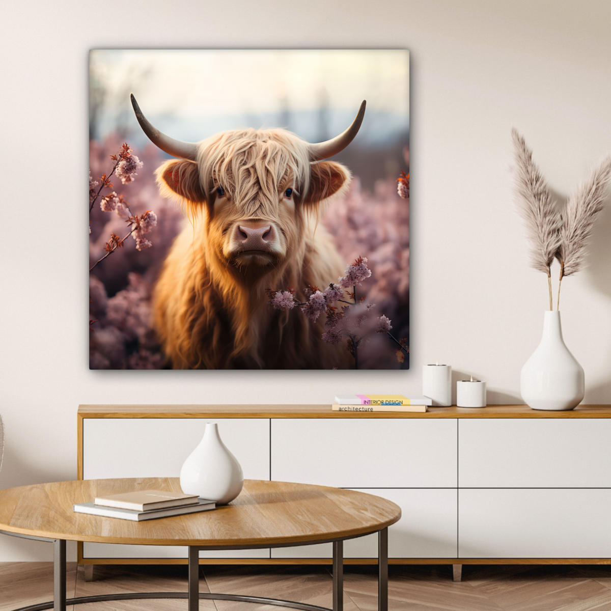 LEINWANDBILD - Schottischer Hochländer - Frühling - Hochland - 90x90 - Gemälde - Hellrosa, Textil (90/90cm) - MuchoWow