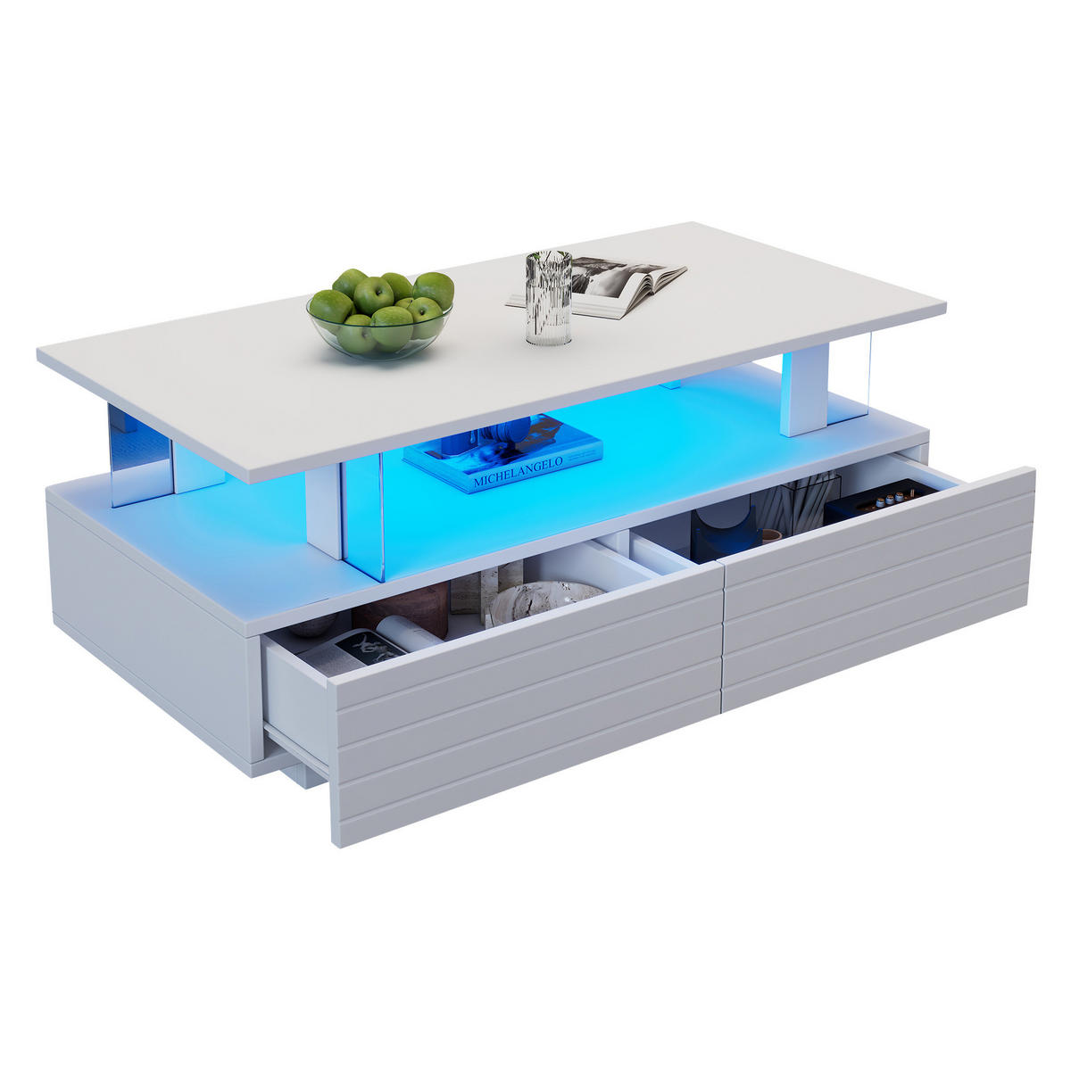KONFERENČNÍ stolek z akrylu, 100/50/42 cm bílý, LED osvětlení a 2 zásuvky - bílá, kompozitní dřevo (100/50/42cm) - BEAOK