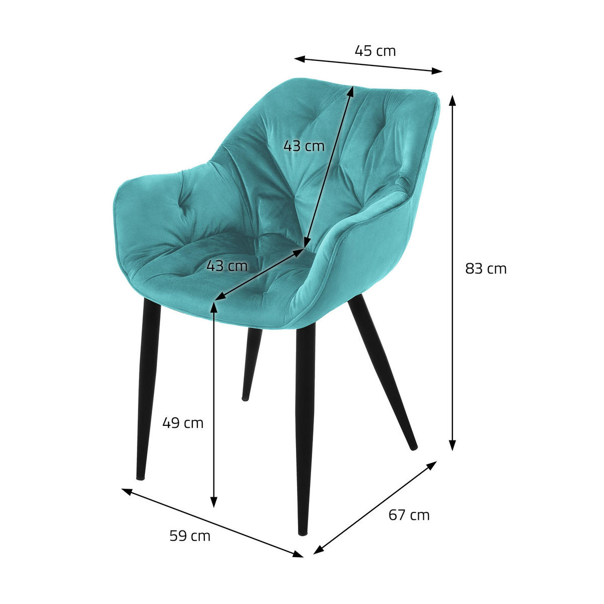 ESSZIMMERSTUHL Samt Petrol 2er Set - Blau, Metall (67/83/59cm) - ML-DESIGN