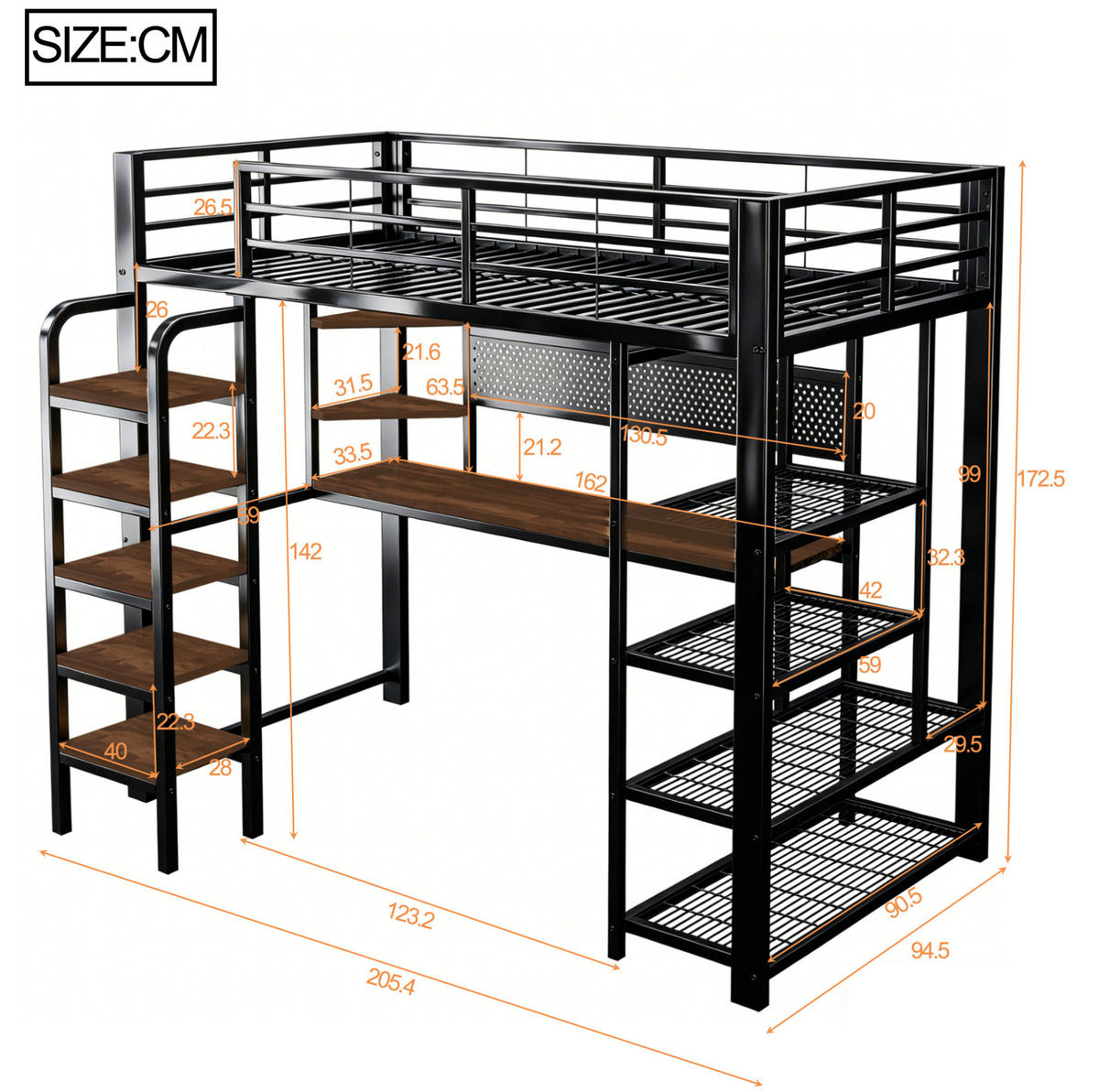 HOCHBETT 90/200 cm aus Metall und Holz mit LED-Beleuchtung und Schreibtisch Schwarz - Schwarz, Metall (90/200cm) - Modenvie