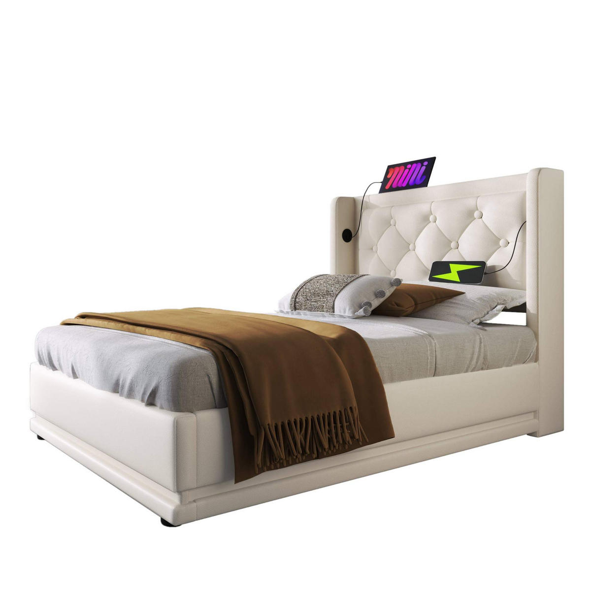 POLSTERBETT aus PU 90x200 cm Weiß mit Bettkasten, LED-Beleuchtung und USB-/Typ-C-Anschlüssen - Weiß, Leder (90/200cm) - IVMEU