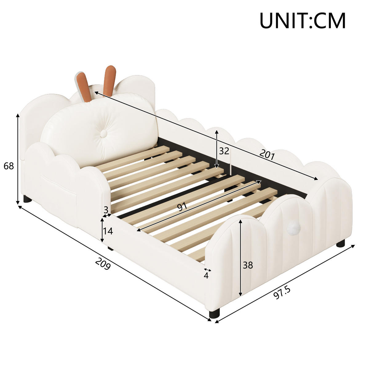 POLSTERBETT 90/200 cm Beige mit Kaninchen-Kissen und Lattenrost - Beige, Textil (90/200cm) - MIVRAY
