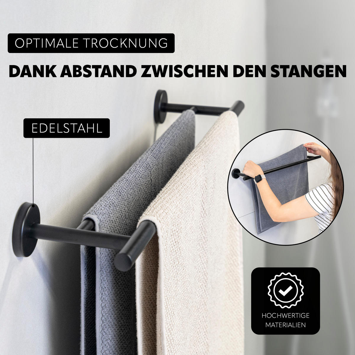 BADETUCHSTANGE PIAZZA BLACK, schwarz inkl. Klebeset - Schwarz, Metall (70/6/14cm) - bremermann