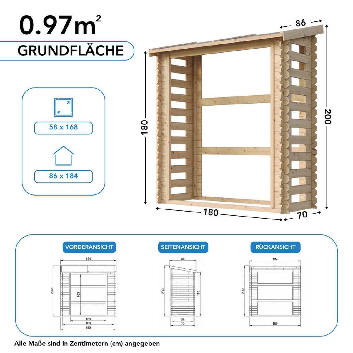 KAMINHOLZREGAL aus Holz 0,97 m², Brennholzunterstand mit Pultdach, ca. 1,75 m³ Brennholzkapazität, 184 x 86 x 200 cm (B x T x H) - Naturfarben, Holz (184/200/86cm) - Timbela