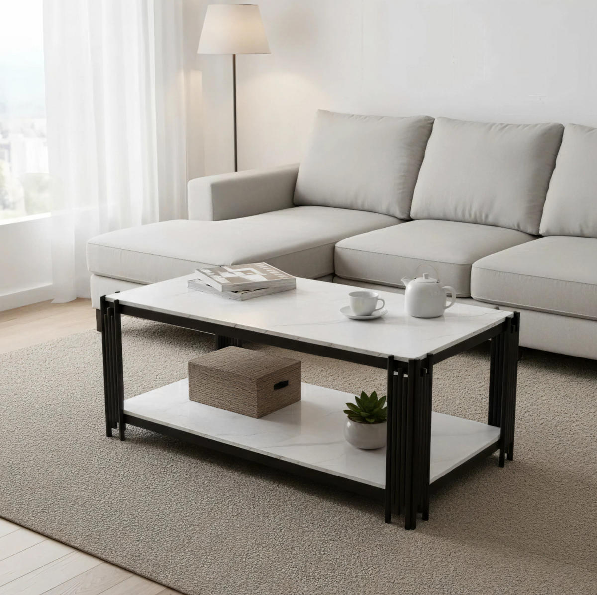 COUCHTISCH aus MDF 114x63x46 cm und Metall Weiß-Schwarz mit Marmoroptik und 2 Ablagen - Weiß, Holzwerkstoff (114/63.5/46.3cm) - IVMEU
