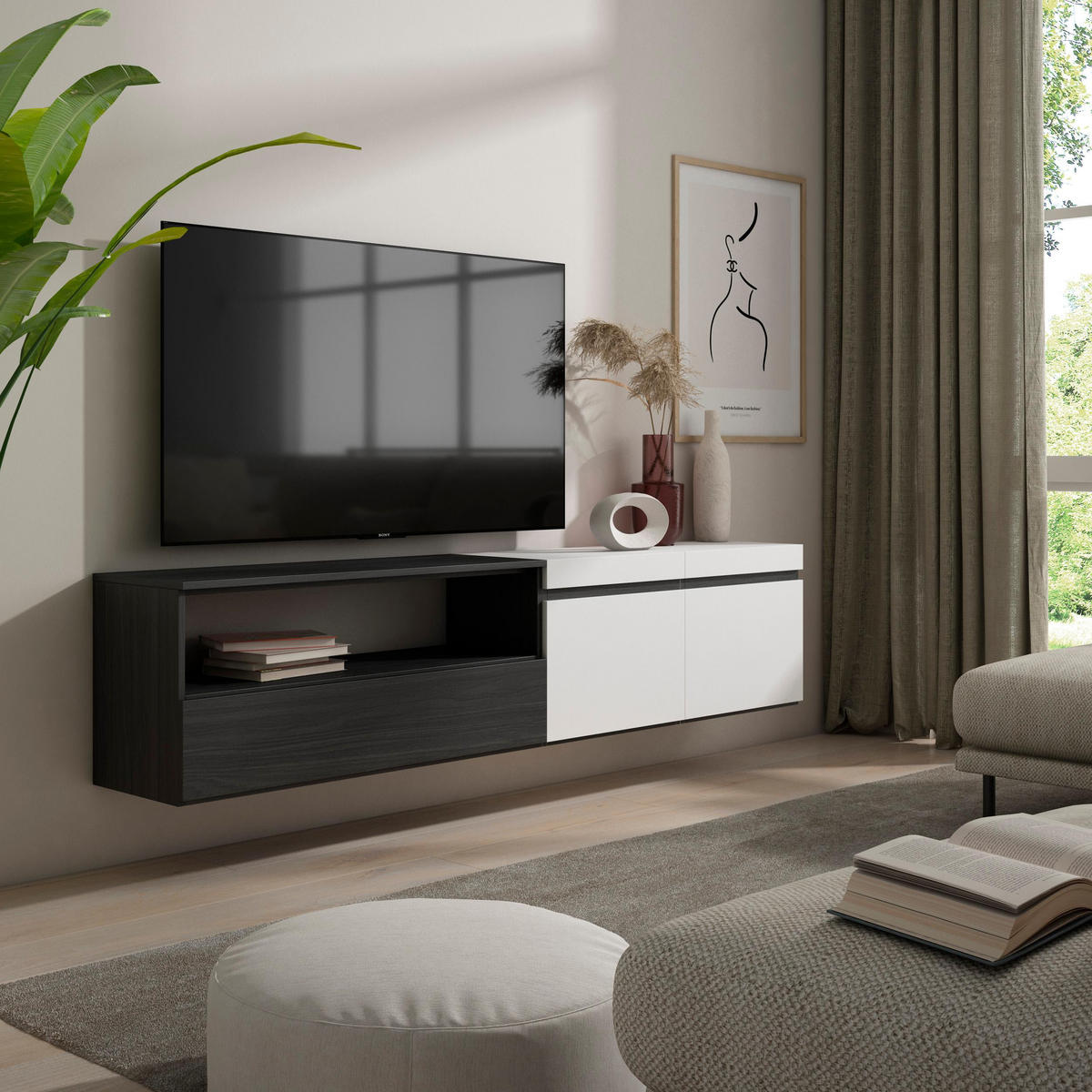 LOWBOARD Hängend, weiß, schwarz, 200/35/45cm - Weiß, Holzwerkstoff (200/45/35cm) - Skraut Home