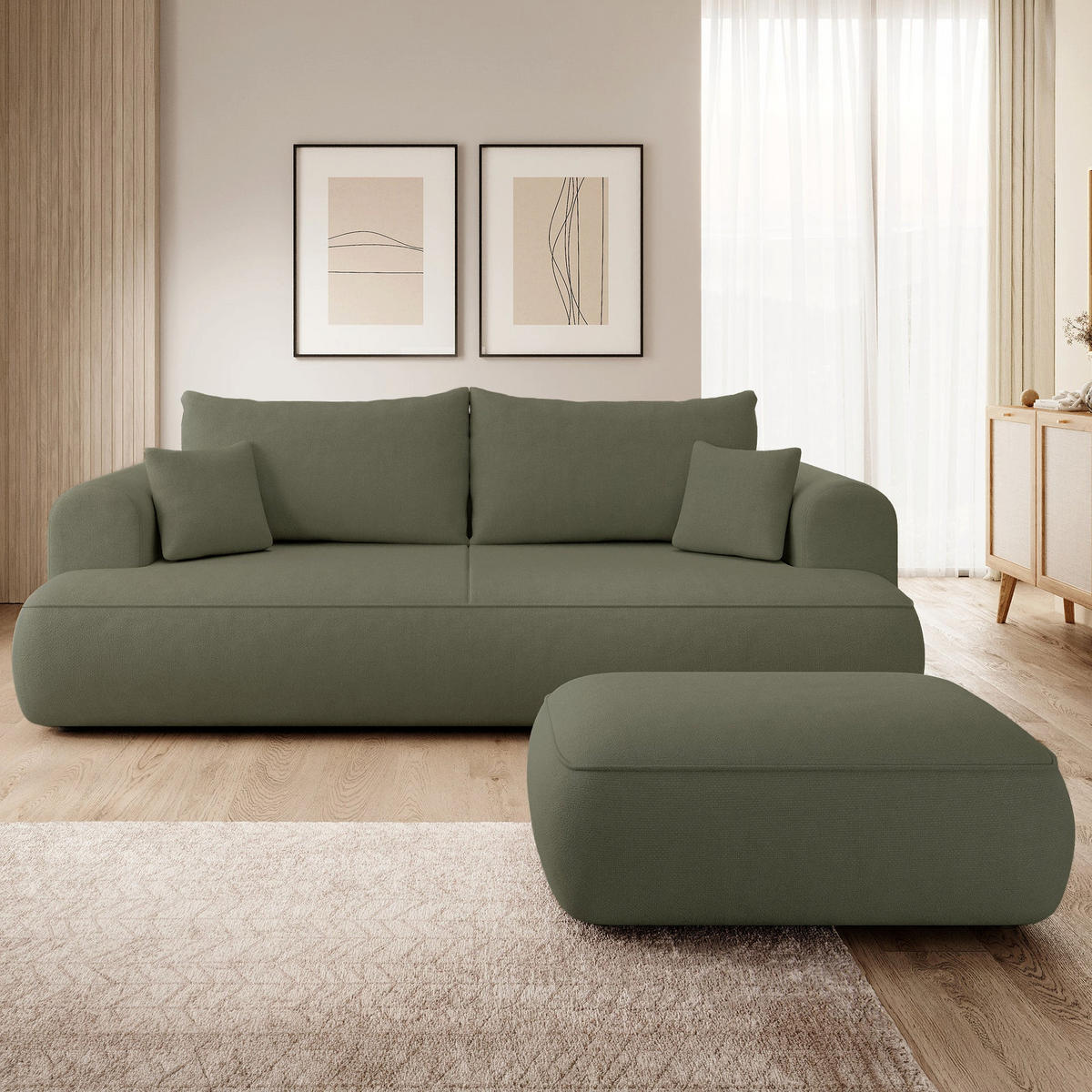 TABURET Ovo, 100 cm, ženilková látka - černá/olivově zelená, dřevo/plast (100/44/68cm) - Selsey