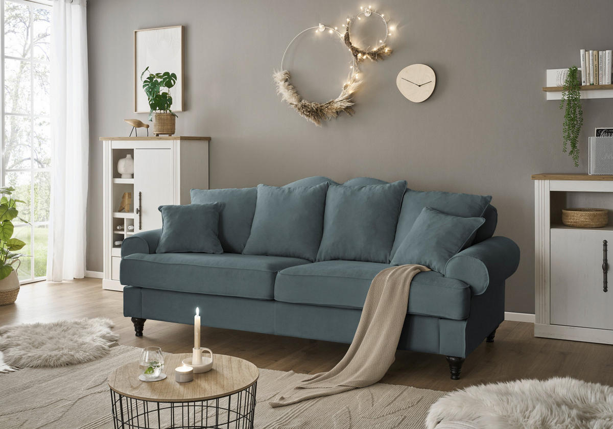 SOFA grau Landhaus, Couch 3,5-Sitzer 230 cm - Grau, Holz/Textil (230/95/100cm) - Furn.Design