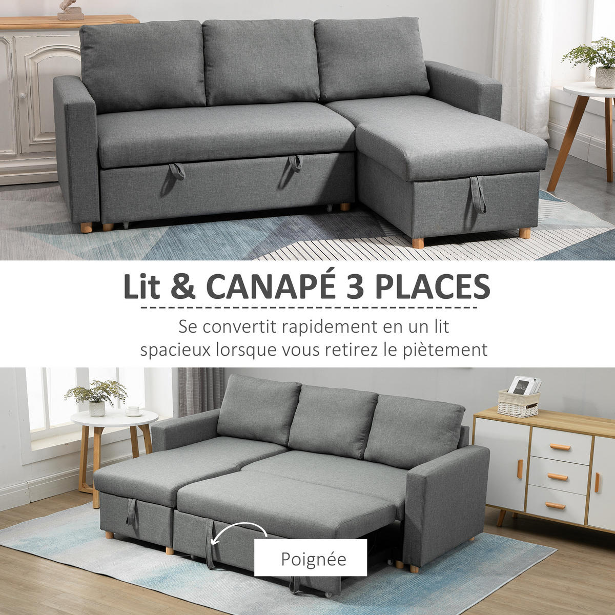 ECKSOFA Grau mit Schlaffunktion und Bettkasten - Grau, Textil (211.5/146cm) - PANGIVO