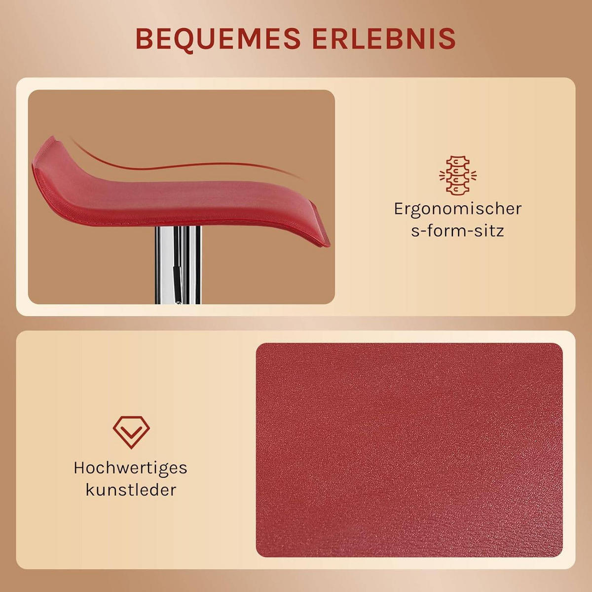 BARHOCKER 2er Set, Höhenverstellbarer, aus Kunstleder Metall - Bordeaux, Metall (38.5/84/39.5cm) - Woltu