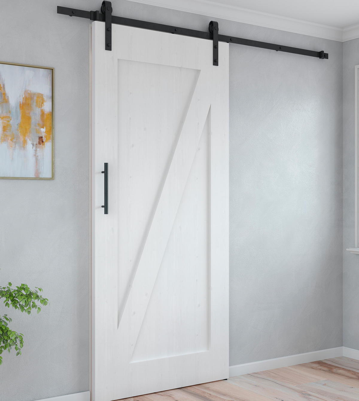 HARDWARE SET für eine Barn Holz Hänge-Schiebetür, mit sanftem Schließen, Paneele nicht inbegriffen, Stahl und Kunststoff, Schwarz lackiert - Schwarz, Metall (10/25/200cm) - EMUCA