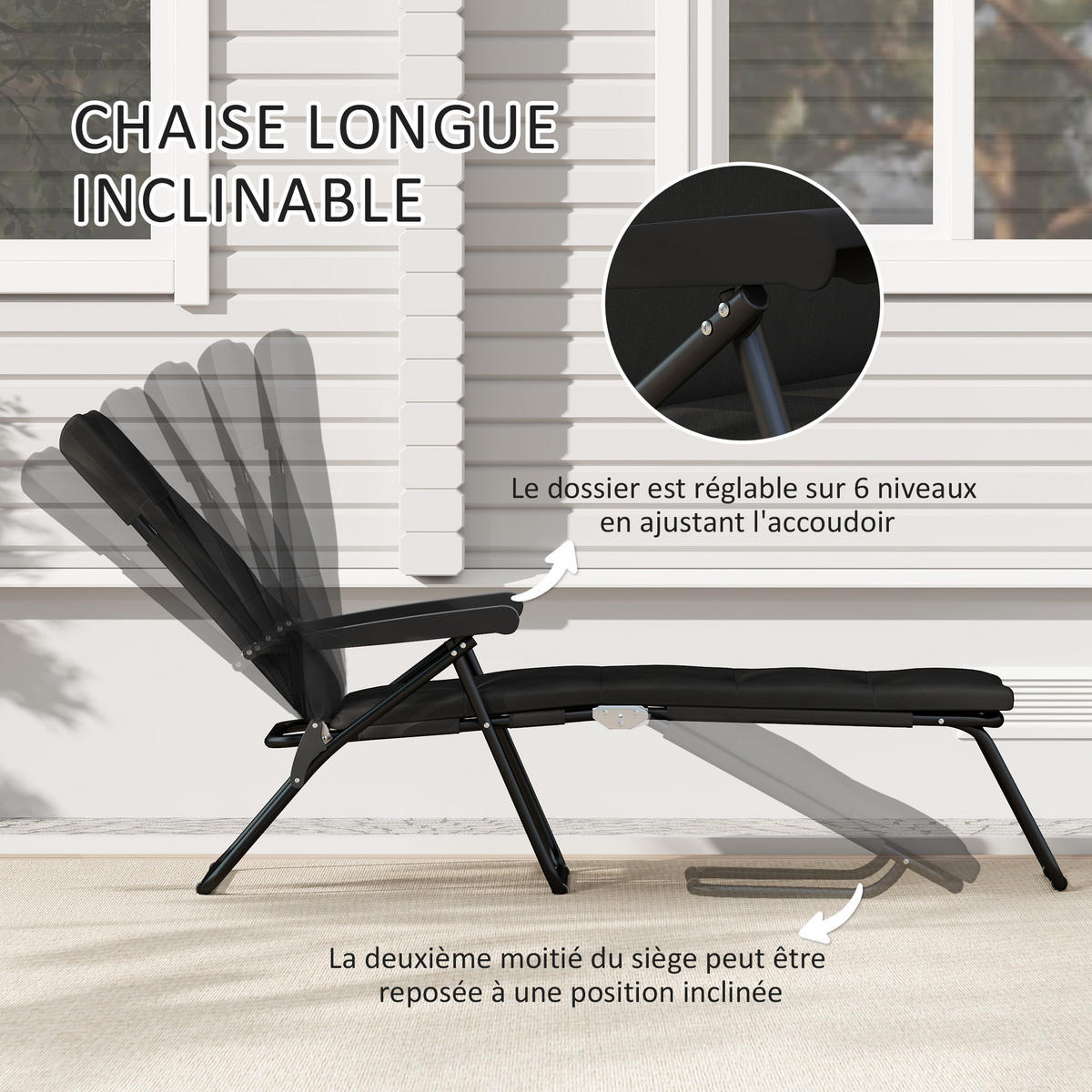 SONNENLIEGE DE-15654 153 cm, 6 Positionen, mit Matratze Schwarz - Schwarz, Metall (58.5/89/153cm) - ComfortXL