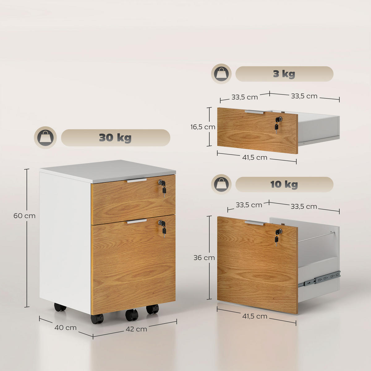 ROLLCONTAINER DE-14432 Weiß/Natur - Naturfarben, Holzwerkstoff (40/60/42cm) - ComfortXL