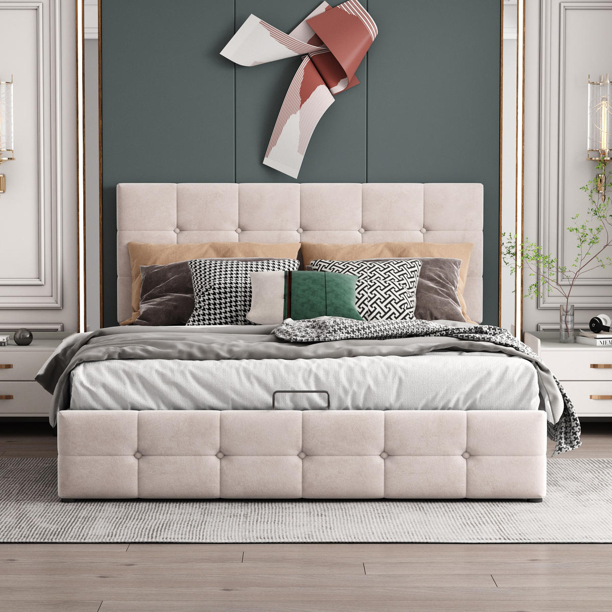 POLSTERBETT aus Samtstoff 140x200 cm Cremeweiß mit hydraulischem Bettkasten und höhenverstellbarem Kopfteil - Weiß, Textil (140/200cm) - Modfu