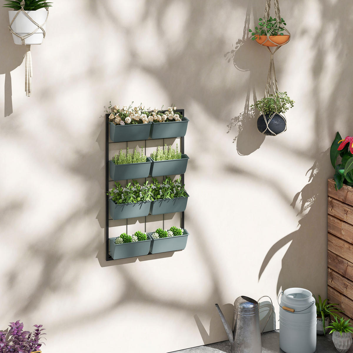 PFLANZENTREPPE, Blumenregal für Garten, Dunkelgrün, 52,5 x 14 x 90 cm - Schwarz, Metall (14/90/52.5cm) - Outsunny