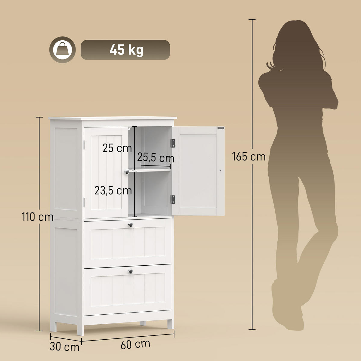 BADEZIMMERSCHRANK MDF Weiß - Weiß/Nickelfarben, Holzwerkstoff/Metall (30/110/60cm) - HOMCOM