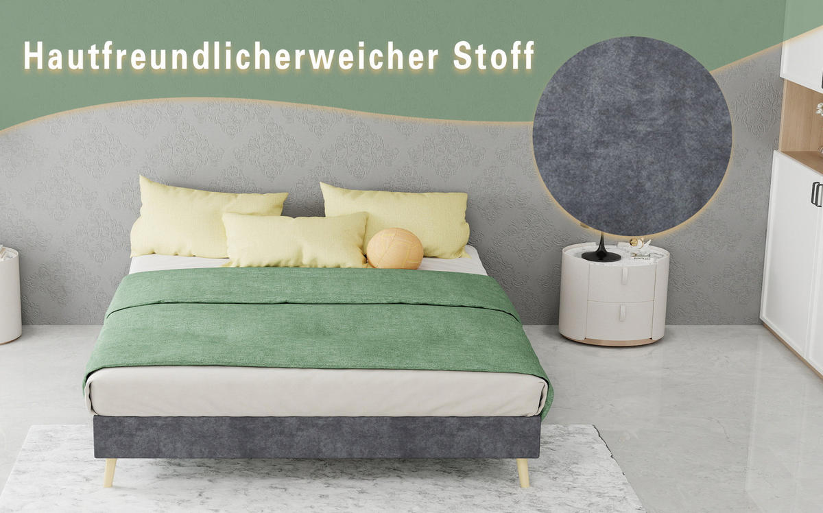 POLSTERBETT 140/200 cm mit Matratze, stabile Mehrfachstützung und schneller Montage, Grau - Grau, Textil (140/200cm) - Redom