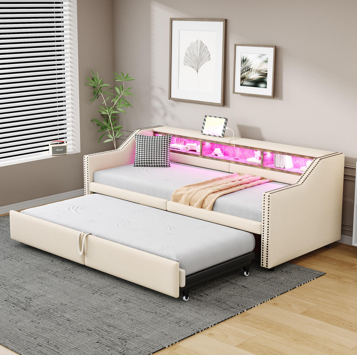 BETT 90/180x200 cm in Beige – ausziehbar, inkl. Lattenrost und USB - Beige, Textil (90/200cm) - BEAOK