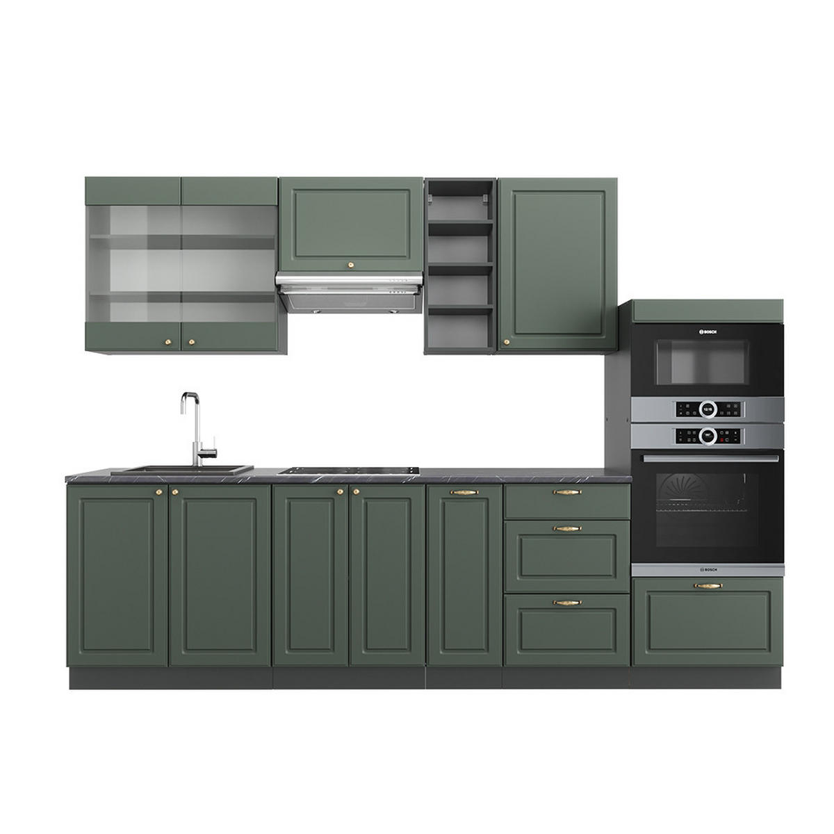 KÜCHENZEILE Fame-Line Grün-Gold Landhaus/Anthrazit 280 cm AP Anthrazit - Anthrazit/Grün, Holzwerkstoff (280/81.6/60cm) - Vicco