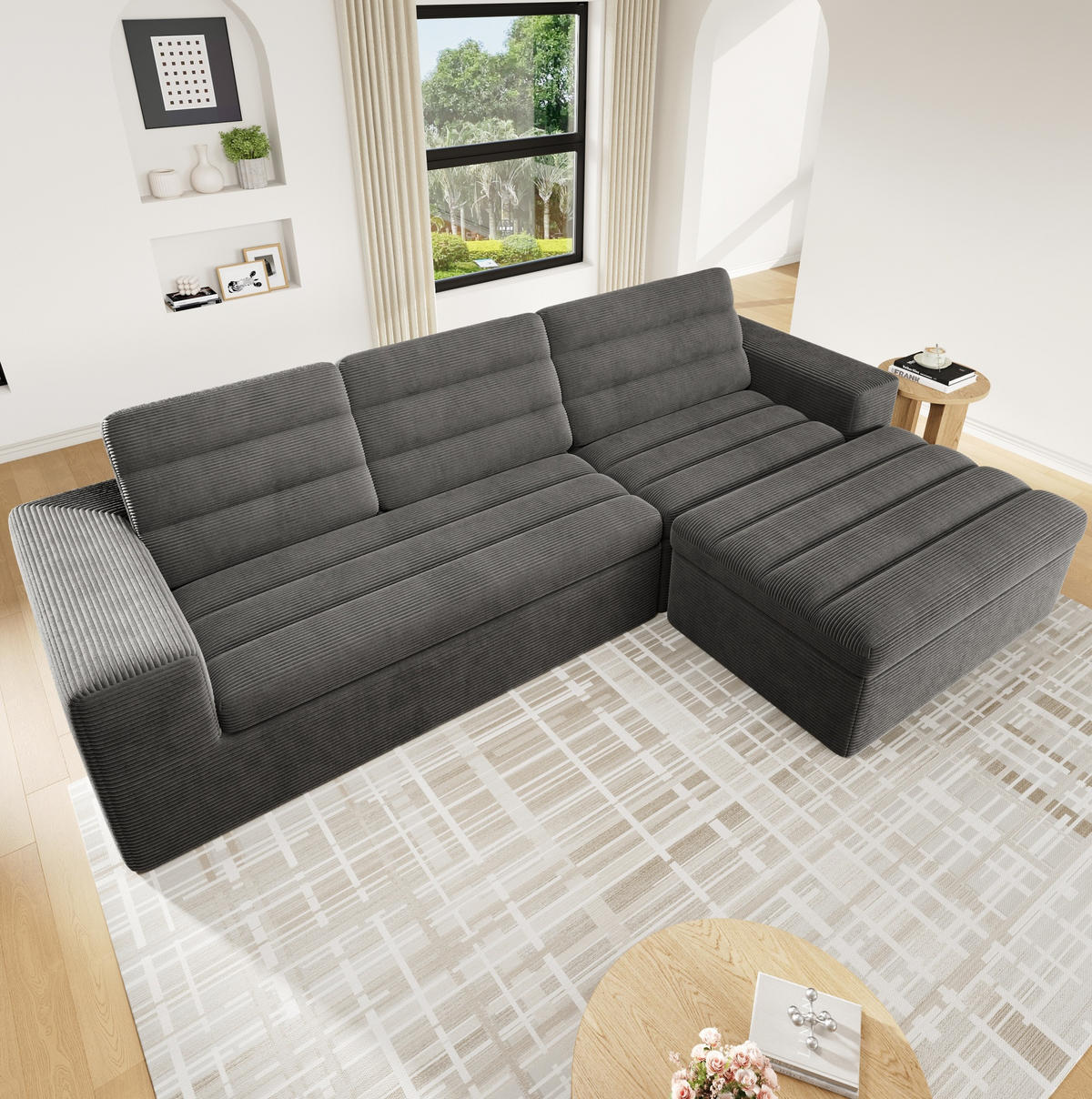 ECKSOFA 253/161/89 cm dunkelgrau aus Cordstoff mit Hocker - Dunkelgrau, Textil (161/253cm) - OKWISH