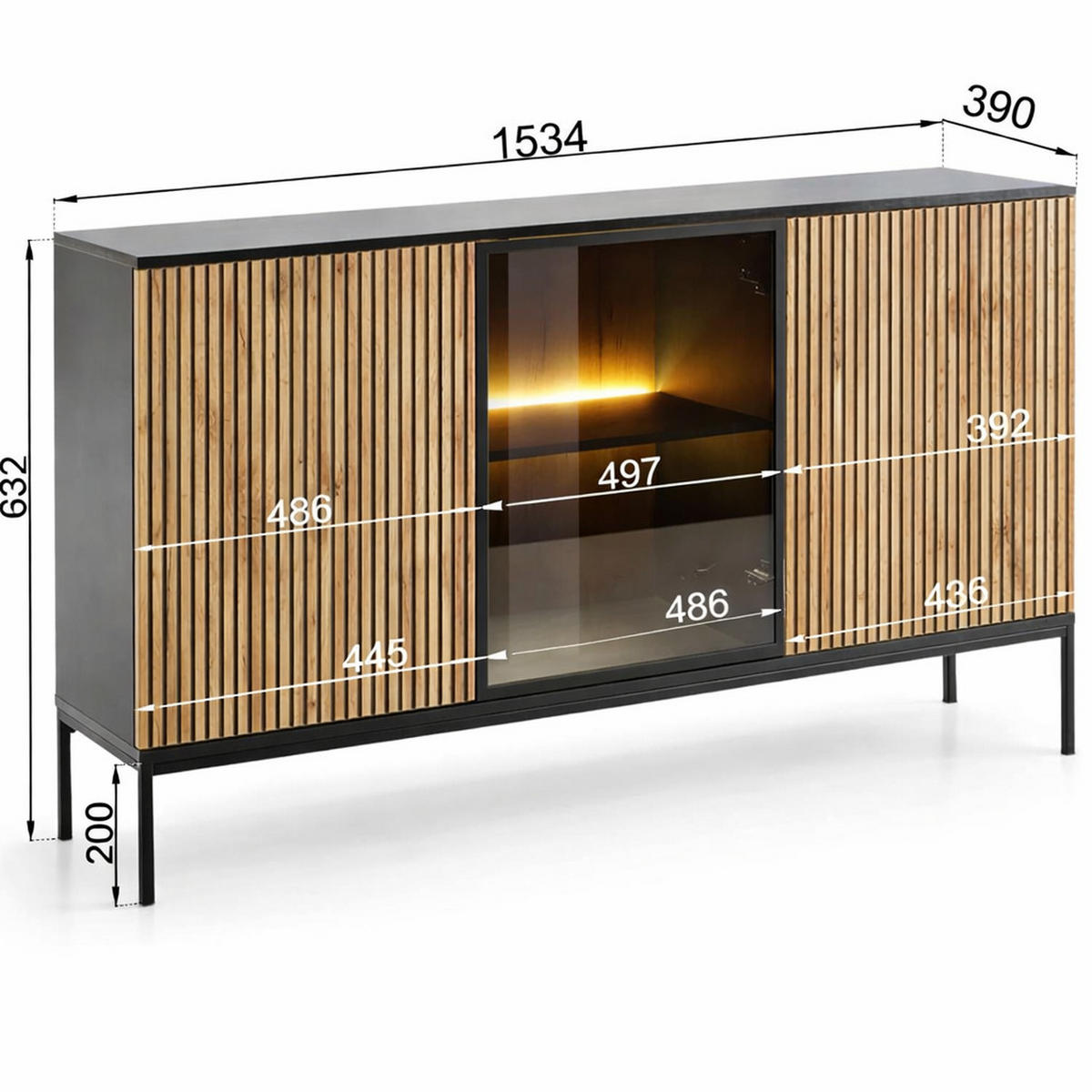 SIDEBOARD Laval K154 – Wotan-Eiche, Schwarz, mit Lamellen - Eichefarben/Eiche Wotan, Glas/Holzwerkstoff (154/83/39cm) - Komodee