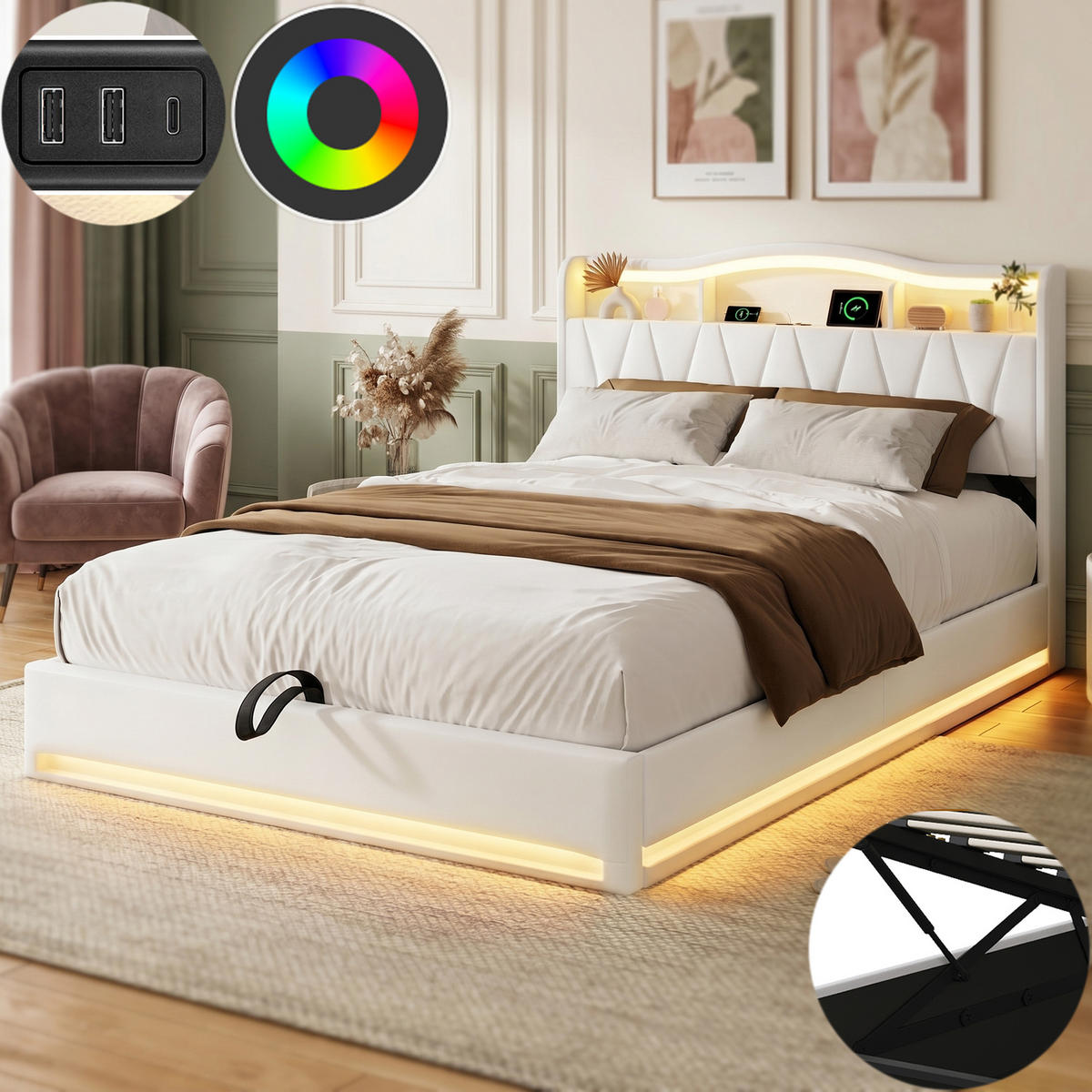 POLSTERBETT 140x200 mit stauraum, doppelbett mit LED, Bettkasten, Lattenrost, USB, Kopfteil, Samtstoff, Beige - Beige, Holz/Textil (140/200cm) - GENKI LIVING