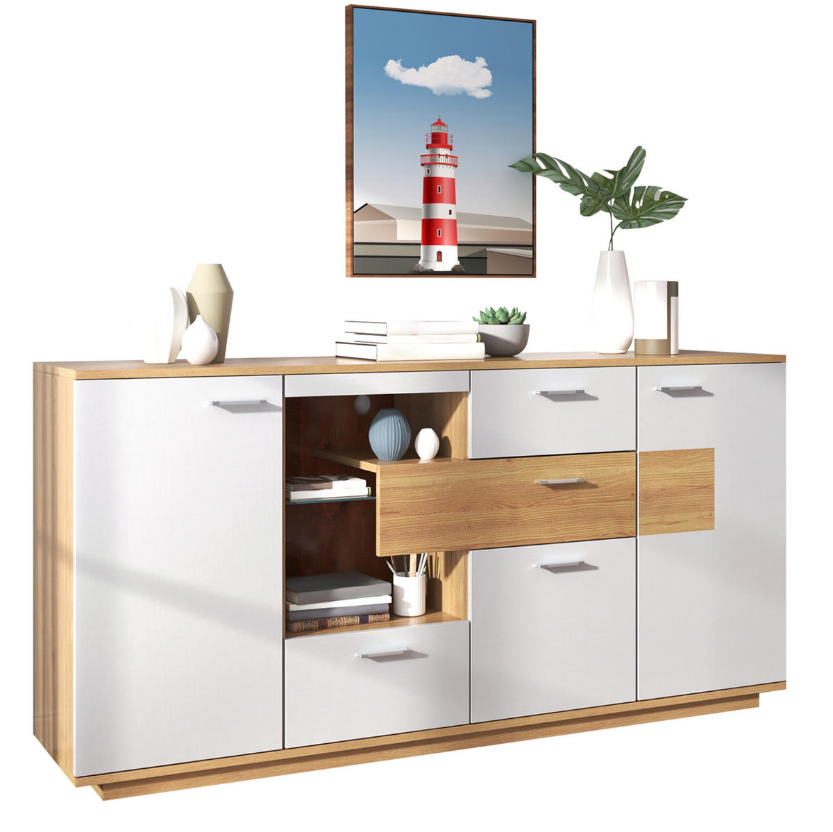SIDEBOARD 160/40/77 cm Natur/Weiß aus MDF mit LED und 4 Schubladen - Naturfarben, Holzwerkstoff (160/77/40cm) - OKWISH