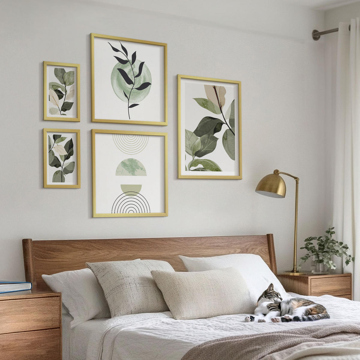 BILDER SET 5er Set - 50x50 cm & 20x30 cm & 40x60 cm Goldrahmen - Abstrakte Darstellung gemalter Blätter - Goldfarben, Kunststoff (40/60cm) - TULUP