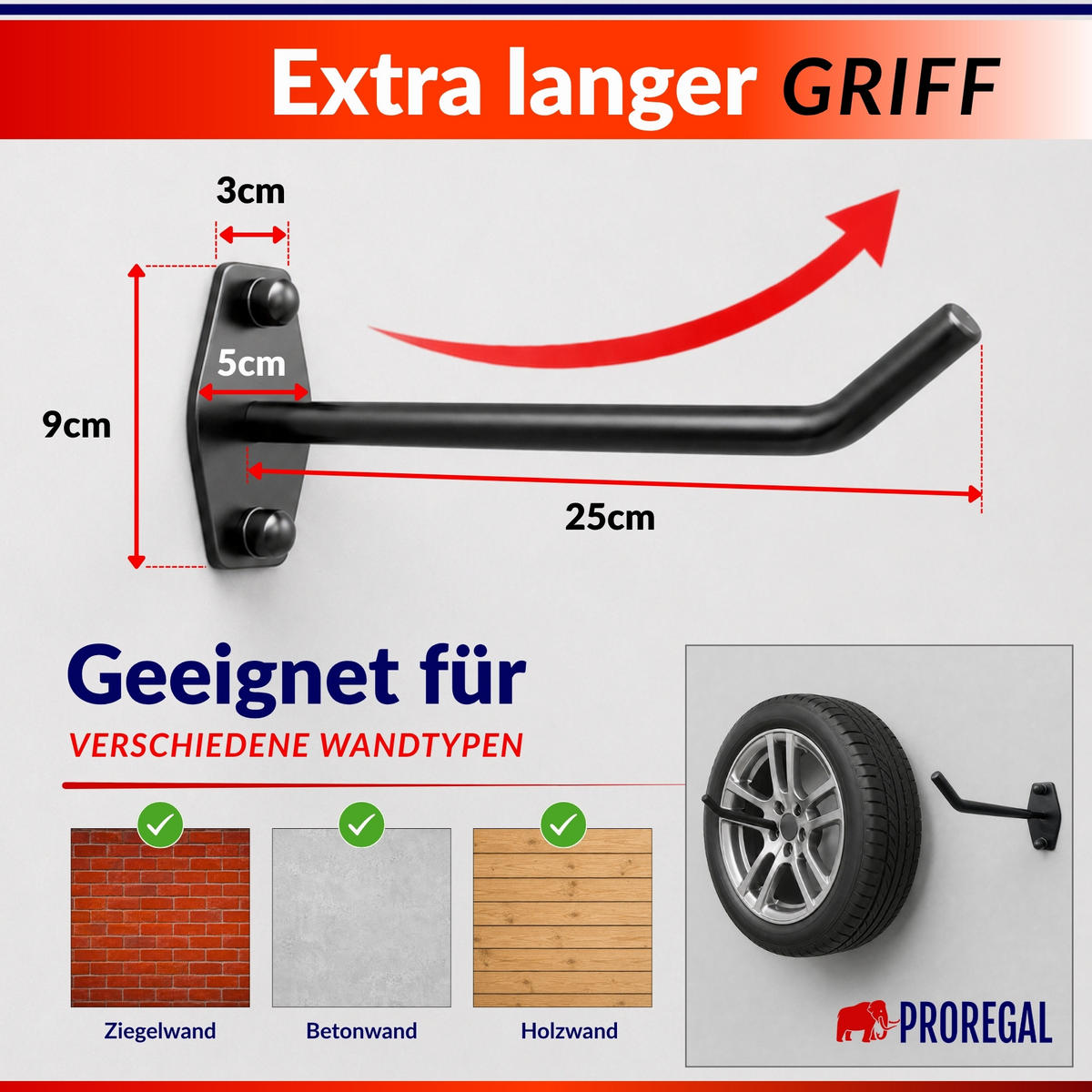 REIFENHALTER Wandhalterung PREX 4er Reifen Set HxBxT 9x5x25 cm Traglast 30 kg Schwarz Set für Garage Zum Anschrauben mit hoher Qualität - Schwarz, Metall (25/5/9cm) - PROREGAL