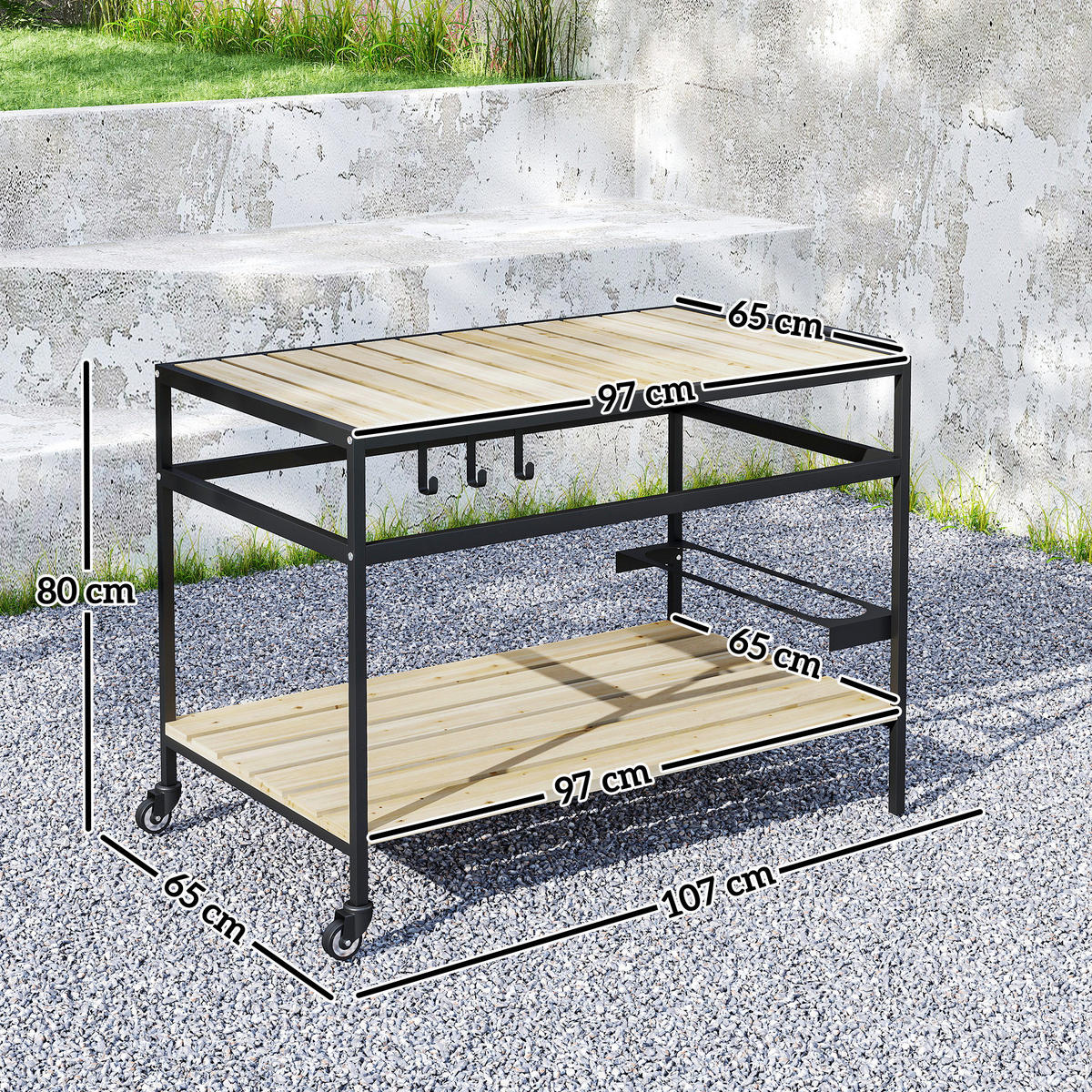 SERVIERWAGEN DE-07743 wetterbeständig, mit Haken Schwarz+Natur - Naturfarben, Metall (65/80/107cm) - ComfortXL