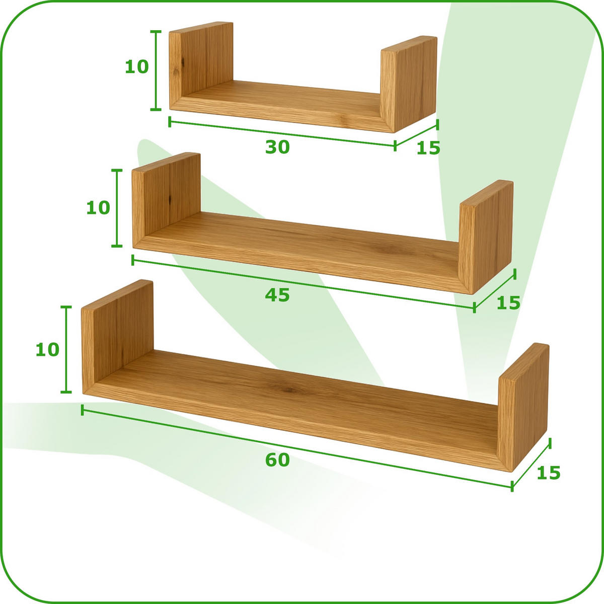 WANDREGAL Holzoptik Erlefarben 3er-Set U-Form 30/45/60 x15x10 cm - Erlefarben, Holzwerkstoff (60/10/15cm) - Begryf