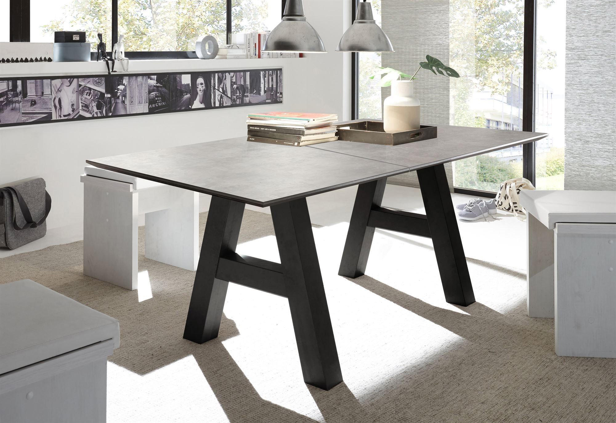 ESSTISCH ausziehbar Elia 9 160 x 90 x 75 Esszimmertisch Schwarzstahl/Keramik Hell - Hellgrau, Holz (160/90/75cm) - 58aufmkessel