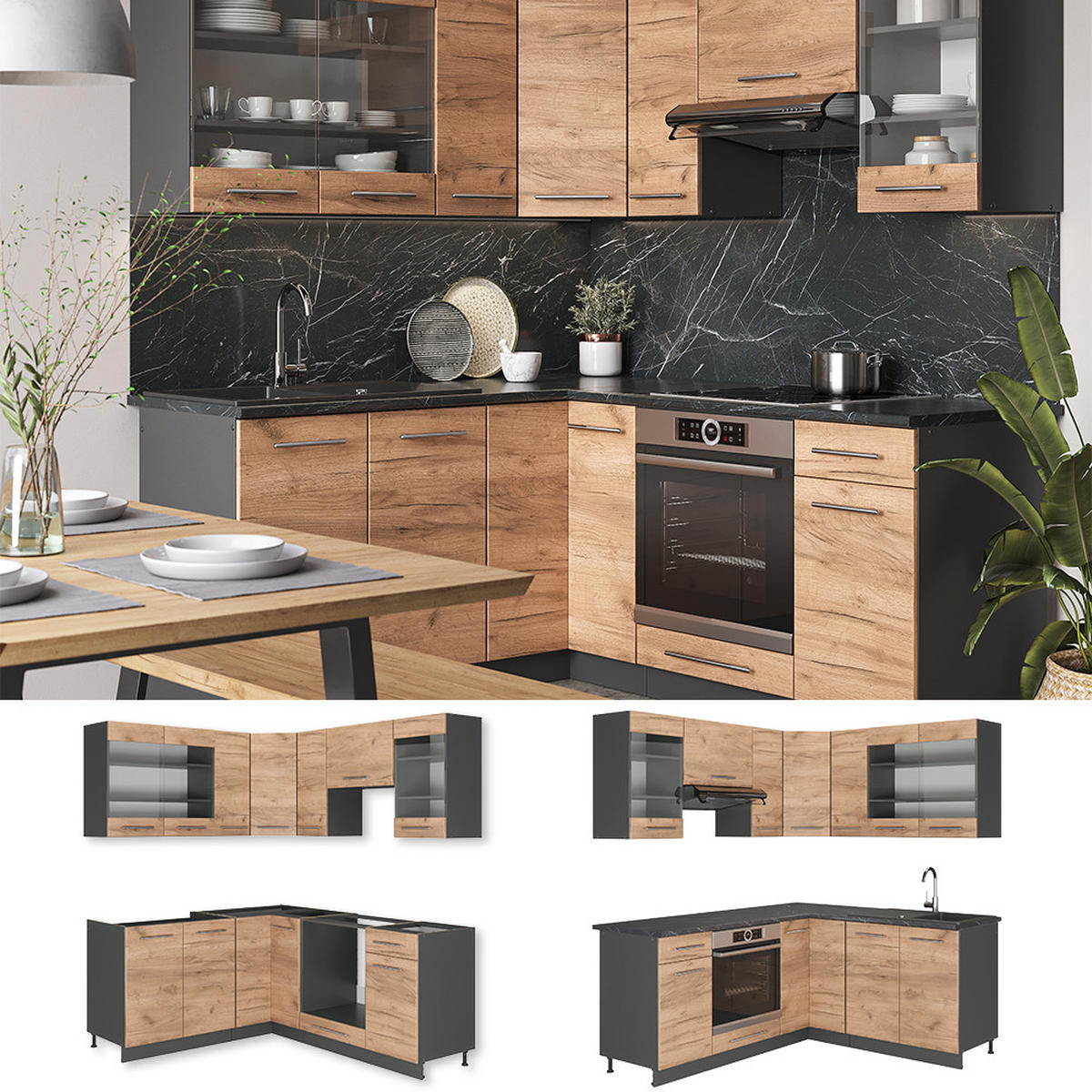 ECKKÜCHE Fame-Line Goldkraft Eiche/Anthrazit 160 x 190 cm, AP Marmor - Anthrazit/Eiche Wotan, Holzwerkstoff (190/81.6/60cm) - Vicco