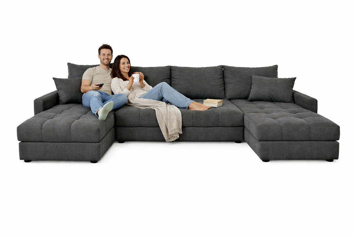 WOHNLANDSCHAFT AURELIA – Ecksofa in U-Form mit Schlaffunktion, Bettkasten & Kissen Stoff KRONOS 287 cm Anthrazit - Anthrazit, Kunststoff (287/140cm) - Wohnideebilder