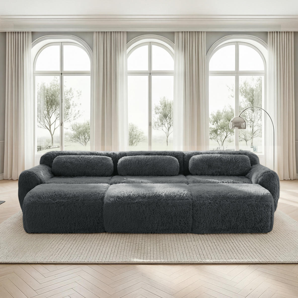 SCHLAFSOFA 3-Sitzer aus Plüschstoff mit 3 Hockern, Grau - Grau, Textil (291/73/179cm)